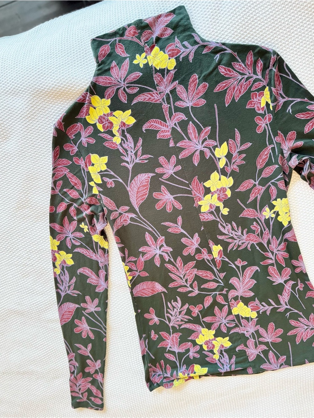 BABATON Aritzia Soft Knit Olive Green & Pink Floral Mock Neck Long Sleeve Top - Picture 7 of 15